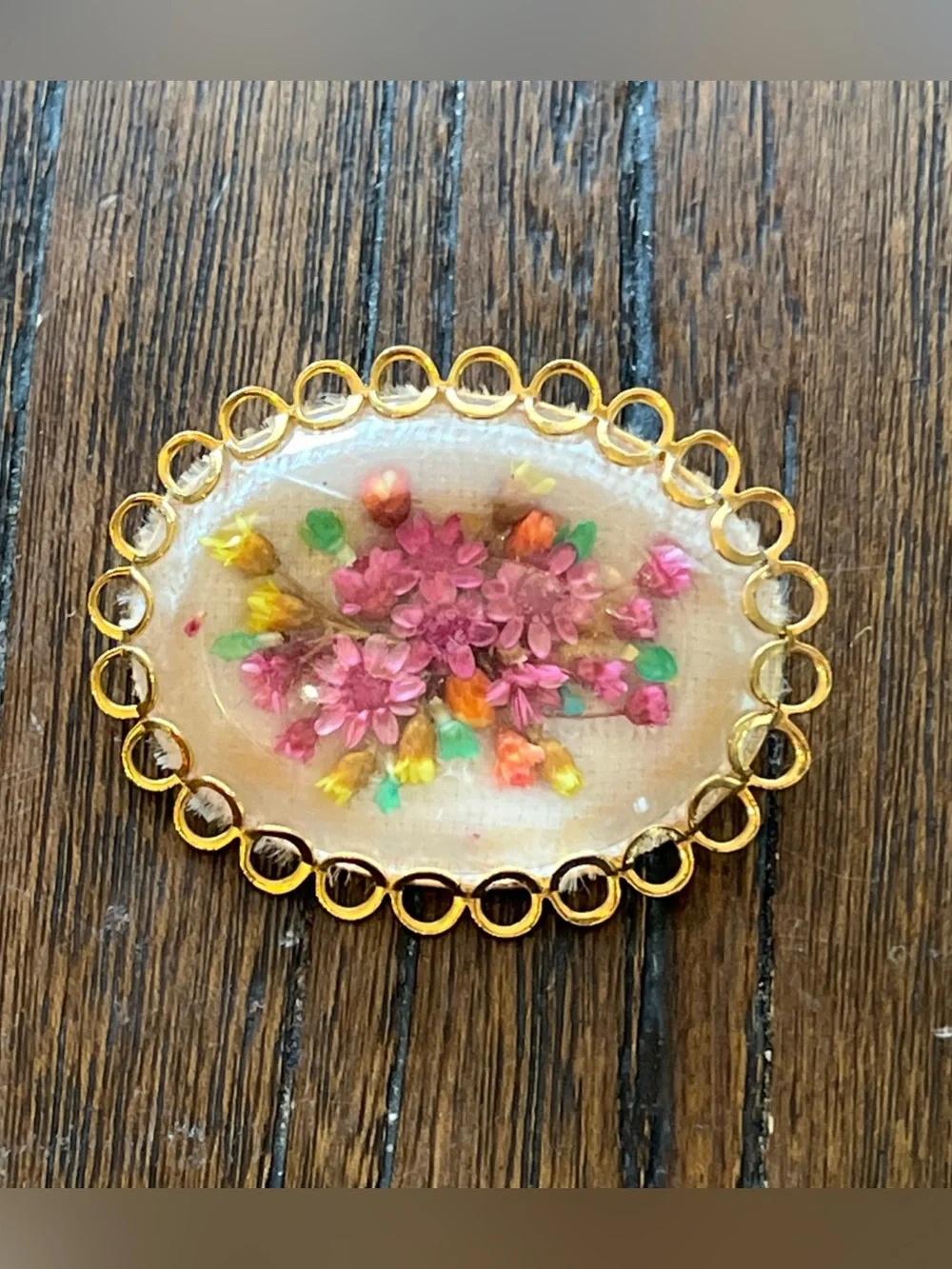 Floral Resin Gold-Tone Oval Brooch - Pink & Yellow Flowers